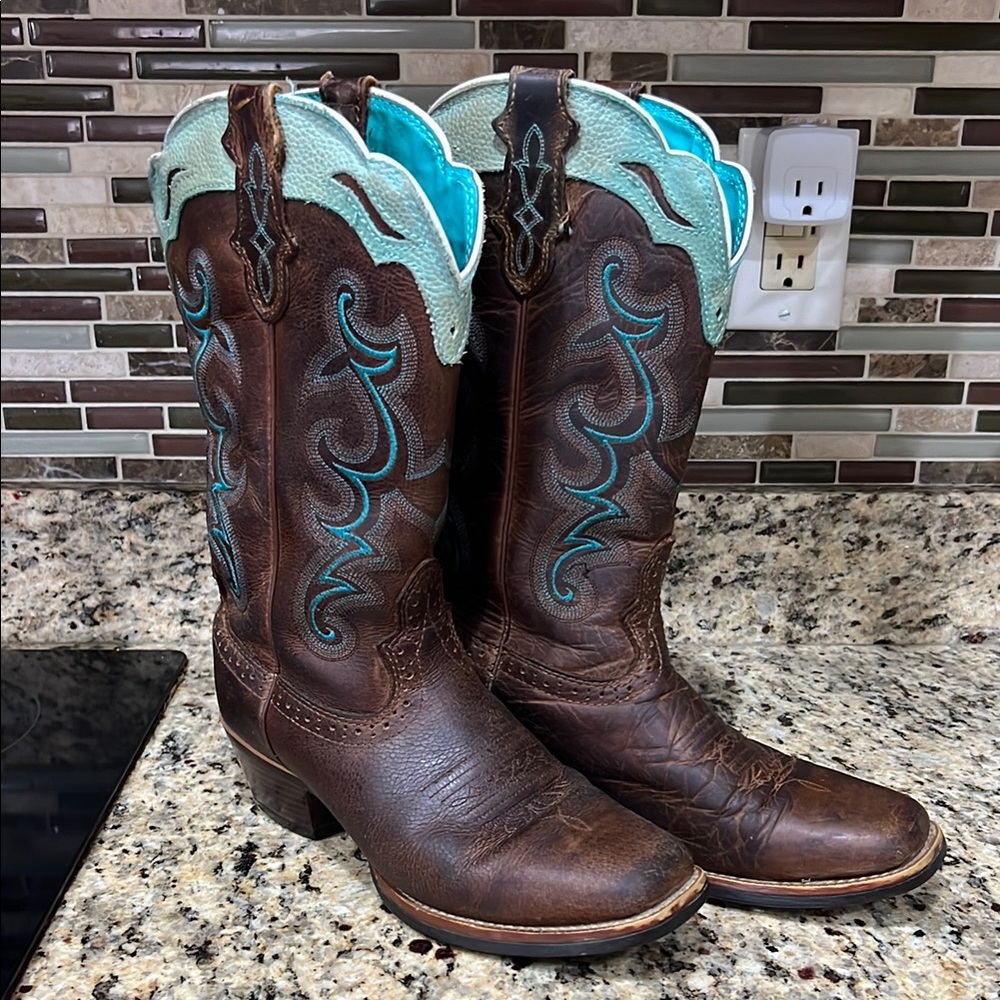 Justin Boots Brown and Blue Heeled Western Boots